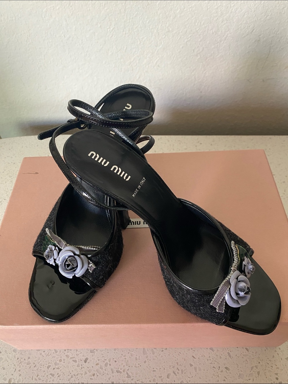 Miu Miu Black Heeled Sandals with Lavender Floral Appliqués